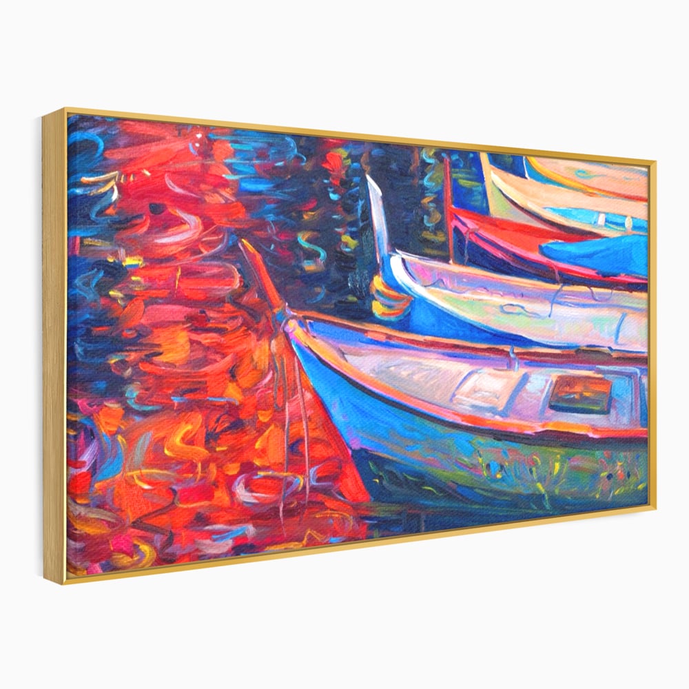 Tablou canvas cu pictura cu barci in port la apus, in rama de aluminiu auriu